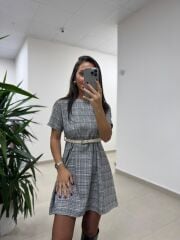 Bb 30368 Mavi Ekose Kemerli Elbise