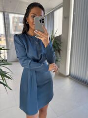 Mng İndigo Önü Pile Detaylı Saten Elbise