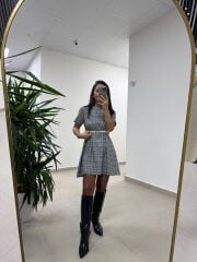 Bb 30368 Mavi Ekose Kemerli Elbise