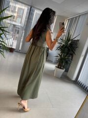 Dr 8419 Tasarım Haki Kolsuz V Yaka Elbise