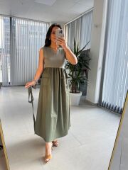 Dr 8419 Tasarım Haki Kolsuz V Yaka Elbise