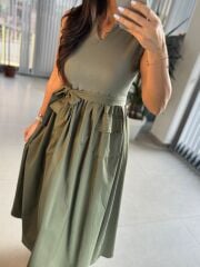 Dr 8419 Tasarım Haki Kolsuz V Yaka Elbise