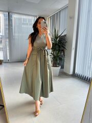 Dr 8419 Tasarım Haki Kolsuz V Yaka Elbise