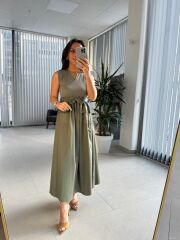 Dr 8419 Tasarım Haki Kolsuz V Yaka Elbise