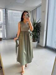 Dr 8419 Tasarım Haki Kolsuz V Yaka Elbise