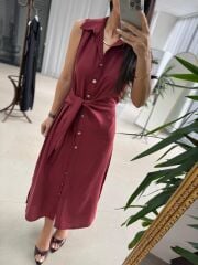 Kd 7332 Tensel Bağlamalı Bordo Gömlek Elbise