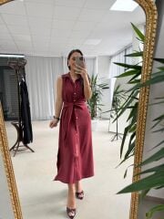 Kd 7332 Tensel Bağlamalı Bordo Gömlek Elbise