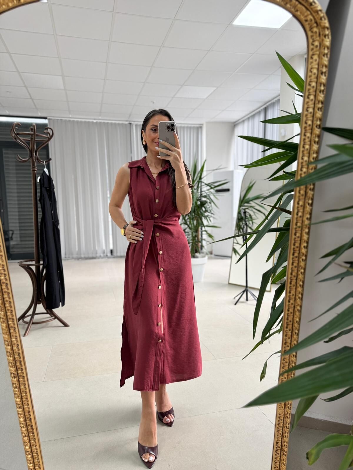 Kd 7332 Tensel Bağlamalı Bordo Gömlek Elbise