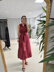Kd 7332 Tensel Bağlamalı Bordo Gömlek Elbise