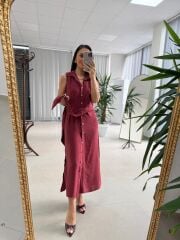 Kd 7332 Tensel Bağlamalı Bordo Gömlek Elbise