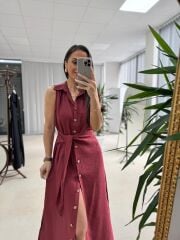 Kd 7332 Tensel Bağlamalı Kırmızı Gömlek Elbise