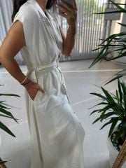 My 3536 Gold Düğmeli Pamuk Keten Taş Elbise