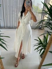 My 3536 Gold Düğmeli Pamuk Keten Taş Elbise