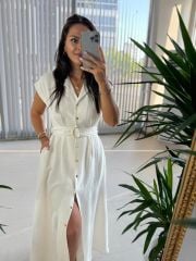 My 3536 Gold Düğmeli Pamuk Keten Taş Elbise