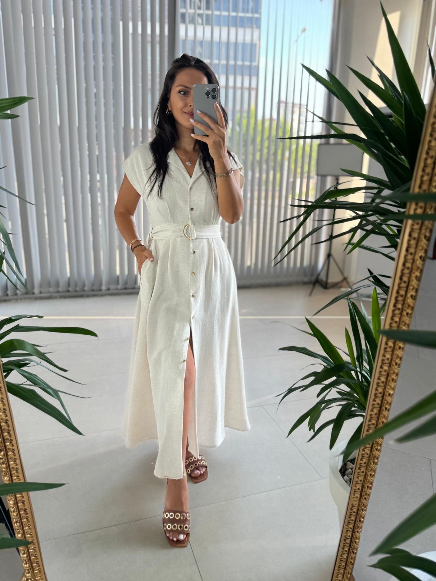 My 3536 Gold Düğmeli Pamuk Keten Taş Elbise