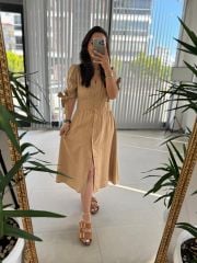 Sg Pamuk Keten Camel Elbise