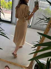 Sg Pamuk Keten Camel Elbise