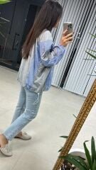 Dr Tasarım Gri Mavi Çizgili Sweat