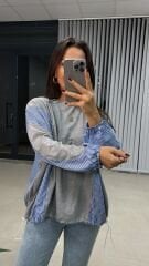 Dr Tasarım Gri Mavi Çizgili Sweat