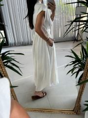 My 3536 Gold Düğmeli Pamuk Keten Taş Elbise