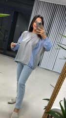 Dr Tasarım Gri Mavi Çizgili Sweat