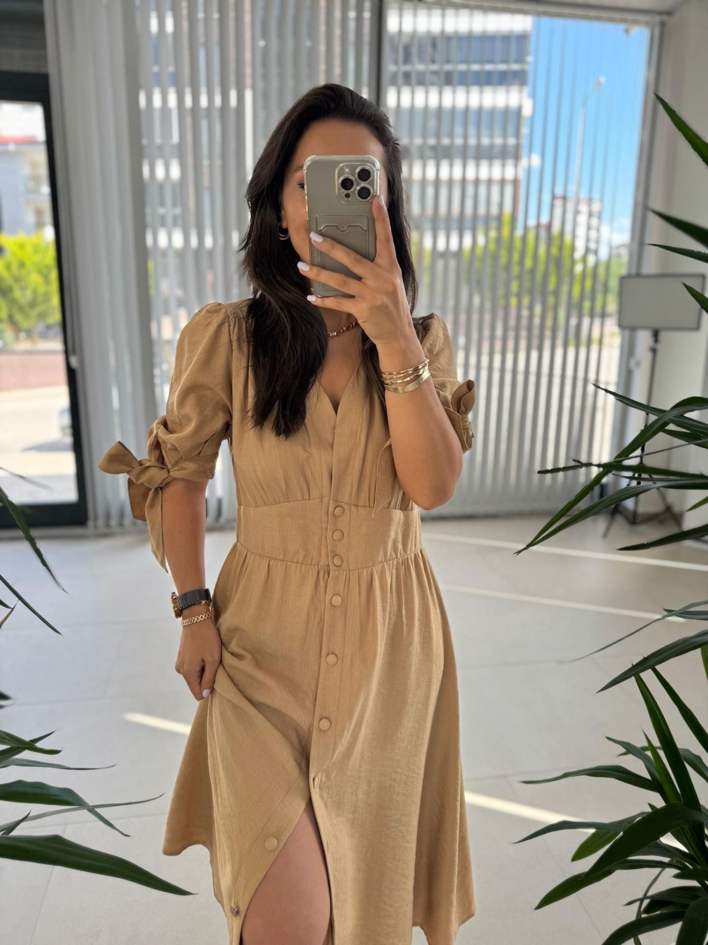 Sg Pamuk Keten Camel Elbise