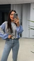 Dr Tasarım Gri Mavi Çizgili Sweat