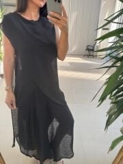 Mz 23098 Siyah Asimetrik Katlı Transparan Bluz