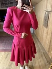 İki iplik penye pembe pileli elbise
