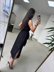 Kd 7332 Tensel Bağlamalı Siyah Gömlek Elbise