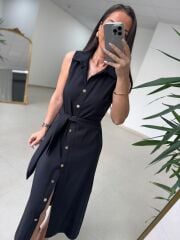 Kd 7332 Tensel Bağlamalı Siyah Gömlek Elbise