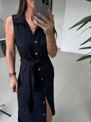 Kd 7332 Tensel Bağlamalı Siyah Gömlek Elbise