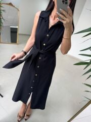 Kd 7332 Tensel Bağlamalı Siyah Gömlek Elbise