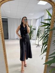 Kd 7332 Tensel Bağlamalı Siyah Gömlek Elbise