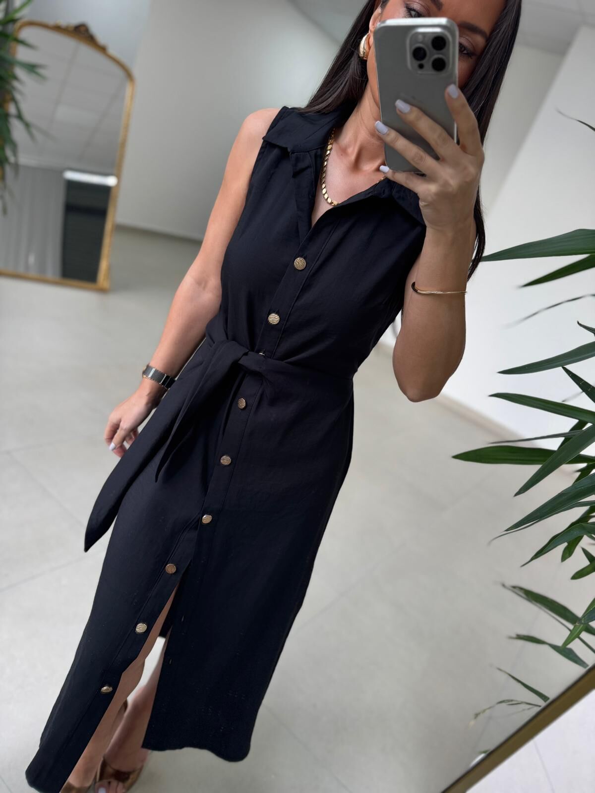 Kd 7332 Tensel Bağlamalı Siyah Gömlek Elbise