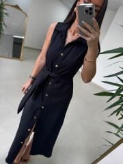 Kd 7332 Tensel Bağlamalı Siyah Gömlek Elbise