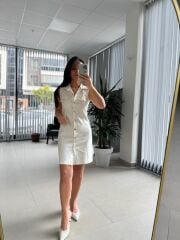 Bb 30062 Ekru Gold Düğmeli Denim Elbise