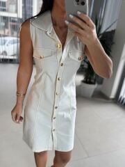 Bb 30062 Ekru Gold Düğmeli Denim Elbise