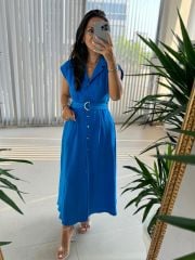 My 3536 Gold Buttoned Cotton Linen Blue Dress