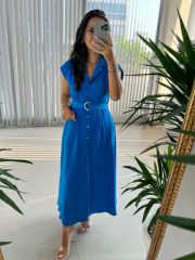 My 3536 Gold Düğmeli Pamuk Keten Mavi Elbise