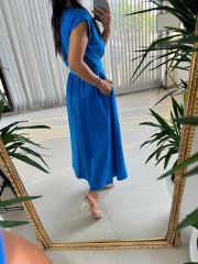 My 3536 Gold Düğmeli Pamuk Keten Mavi Elbise