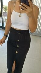 Düğme Detaylı Siyah Kalem Etek