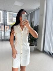 Bb 30062 Ekru Gold Düğmeli Denim Elbise