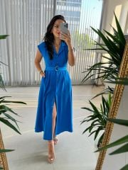 My 3536 Gold Buttoned Cotton Linen Blue Dress
