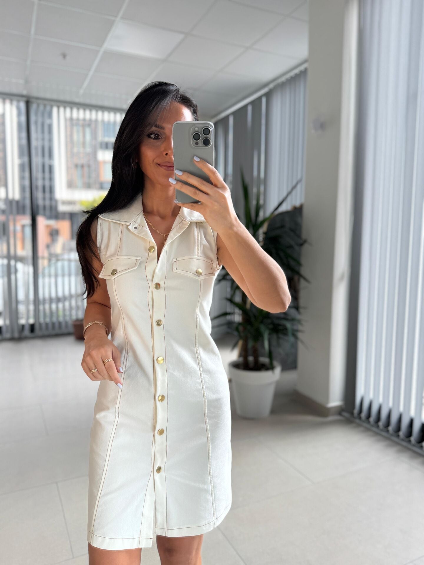 Bb 30062 Ekru Gold Düğmeli Denim Elbise