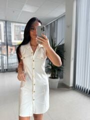 Bb 30062 Ekru Gold Düğmeli Denim Elbise