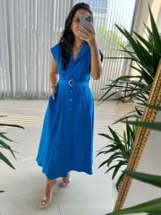 My 3536 Gold Buttoned Cotton Linen Blue Dress
