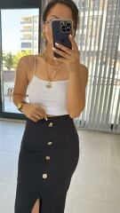 Düğme Detaylı Siyah Kalem Etek