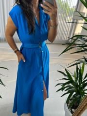 My 3536 Gold Buttoned Cotton Linen Blue Dress