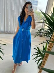 My 3536 Gold Buttoned Cotton Linen Blue Dress